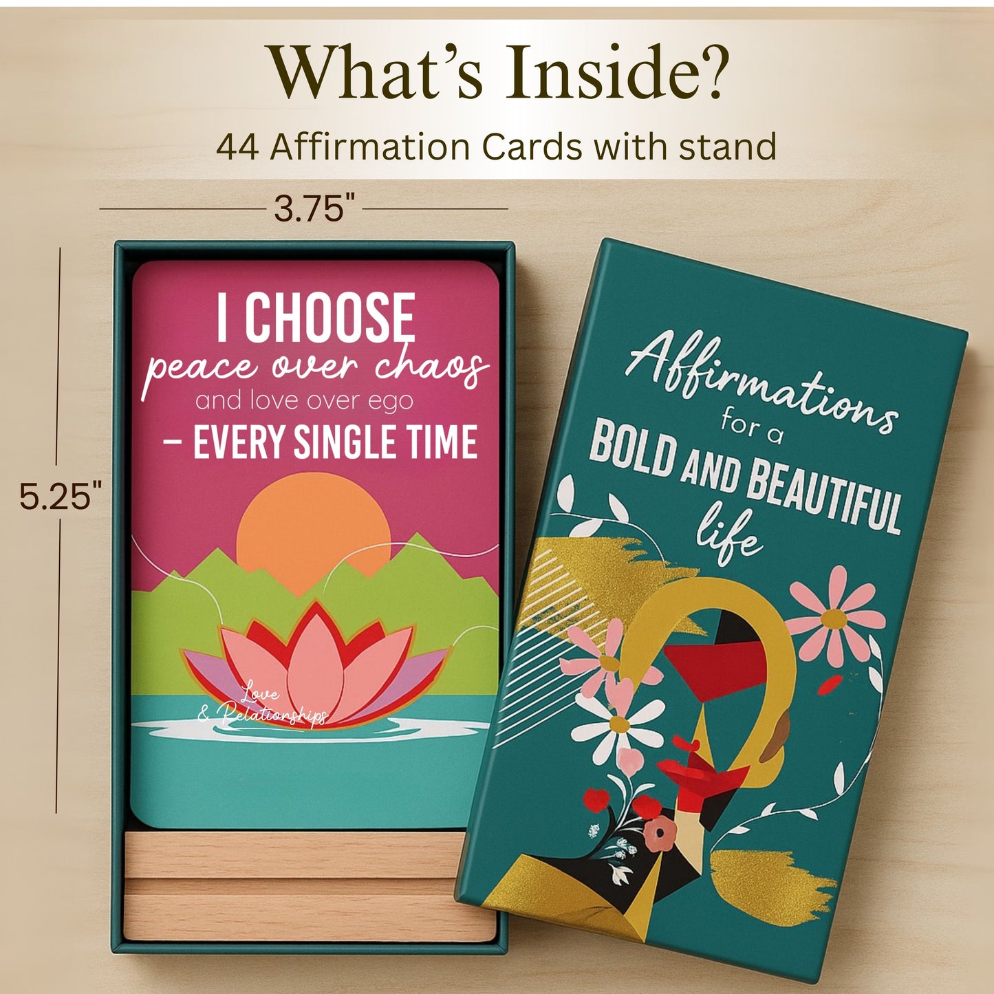 Affirmation Cards for Women – Bold & Beautiful Gift Set with 44 Daily Empowering Quotes + Wooden Stand