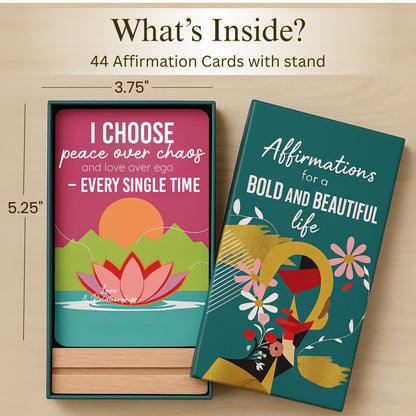 Affirmation Cards for Women – Bold & Beautiful Gift Set with 44 Daily Empowering Quotes + Wooden Stand